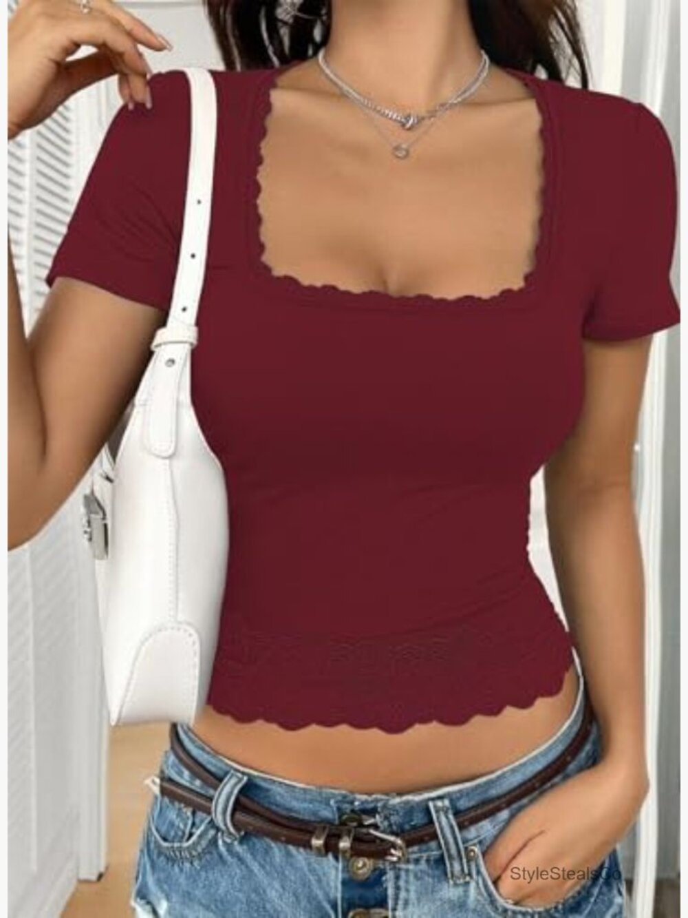 Square Neck Crop Top Short Sleeve Slim Fit Blouse Y2K Going Out Tee - Picture 6 of 7